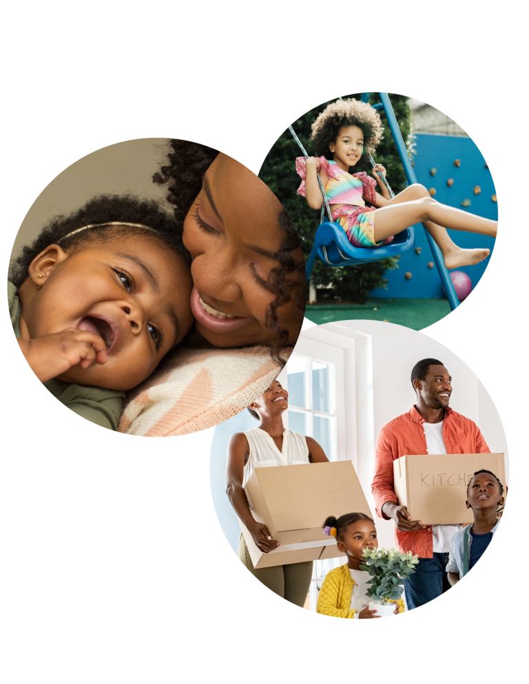 Images. Left, a mother and her happy baby. Right, a young girl on a blue swing with a blue background. Bottom is a family of four moving.